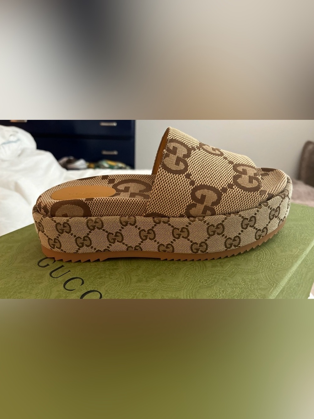 Gucci Brown Beige GG Canvas Platform Slide Sandals
